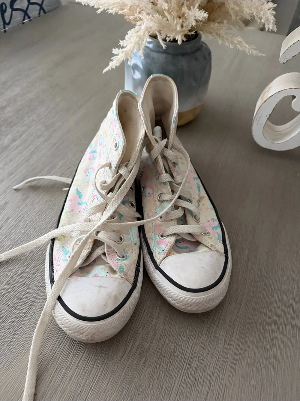 Converse Kids High-Top Sneakers in Cream with Pink & Blue Unicorns